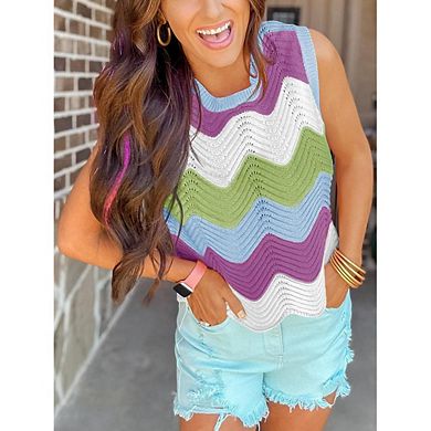 Women's Crew Neck Color Block Dopamine Style Knit Short Sleeve Vest Top