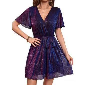 Women's Glitter Deep V-Neck Mini Dress - Flutter Sleeve Self-Tie Waist Flared Hem Party Dress
