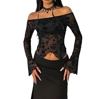 Women's Sheer Mesh Off Shoulder Long Sleeve Asymmetrical Hem T Shirt