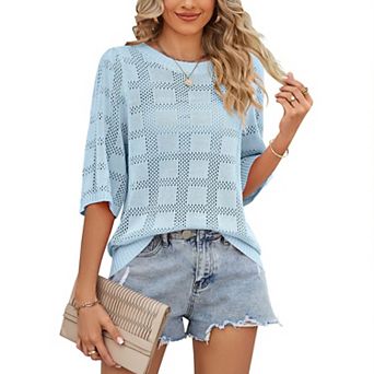 Women's Hollow Knit Short Sleeve Cover-Up Sweater Round Neck Lightweight Beach Top