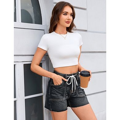 Women’s Stretch Mid-Rise Denim Shorts with Drawstring, Frayed Hem, Washed Wide Leg, and Pockets