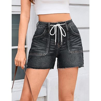 Women’s Stretch Mid-Rise Denim Shorts with Drawstring, Frayed Hem, Washed Wide Leg, and Pockets