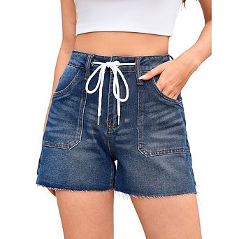 Women’s Stretch Mid-Rise Denim Shorts with Drawstring, Frayed Hem, Washed Wide Leg, and Pockets