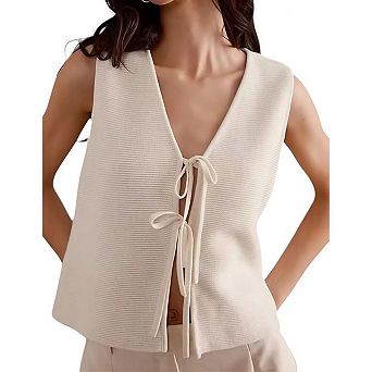 Women's Tie Knit Vest Crochet Sleeveless Open Front Cardigan Sweater Vest Top