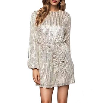 Womens Glitter Party Dress Sparkly Sequin Long Sleeve Mini Short Prom Dress with Belt
