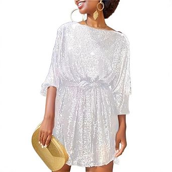 Womens Glitter Party Dress Sparkly Sequin Long Sleeve Mini Short Prom Dress with Belt