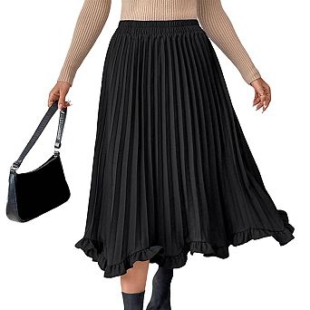 Women's Pleated Maxi Skirt Elastic High Waist Ruffled Hem Flowy Skirt Elegant A-Line Long Skirt