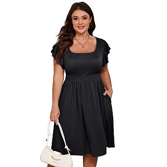 Womens Plus Size Casual Summer Dress Short Ruffle Sleeves High Waist Midi with Pockets Flowy