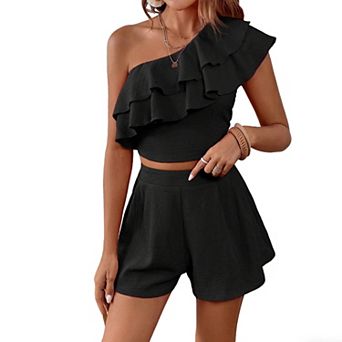 Women's Two Piece Outfits - Cropped Top and High Waisted Shorts Summer Vacation Matching Sets
