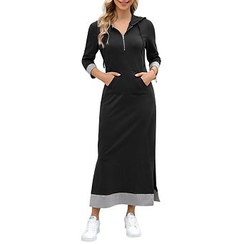 Womens Hoodie Maxi Dress Casual Pocket Quarter Zip Neck 3/4 Sleeve Slim Split Pullover Dress