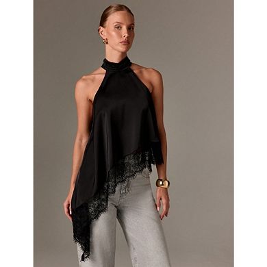 Womens Satin Halter Mock Neck Sleeveless Tank Tops with Asymmetrical Lace Trim