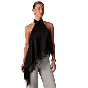 Womens Satin Halter Mock Neck Sleeveless Tank Tops with Asymmetrical Lace Trim