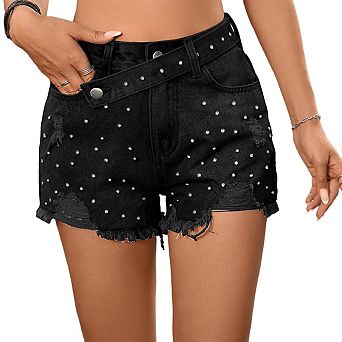 Women's Rhinestone Denim Shorts High Waist Belted Waist Raw Hem Jean Short Summer Casual Jean Shorts