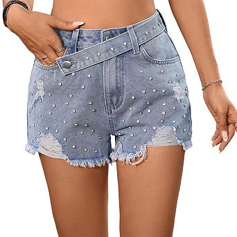 Women's Rhinestone Denim Shorts High Waist Belted Waist Raw Hem Jean Short Summer Casual Jean Shorts