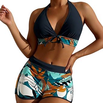 Women's Two Piece Swimsuit - Halter Top & High Waisted Shorts Tummy Control Quick Dry Bathing Suit