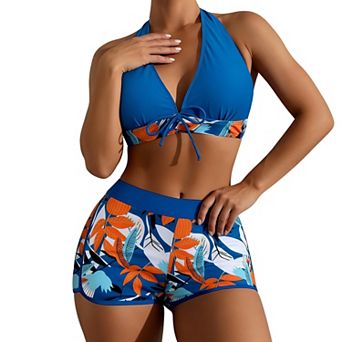 Women's Two Piece Swimsuit - Halter Top & High Waisted Shorts Tummy Control Quick Dry Bathing Suit