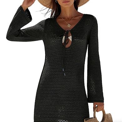 Women's Long Sleeve Open Knit Mini Dress Front Cutout Tie Accent U Neckline Cover Ups