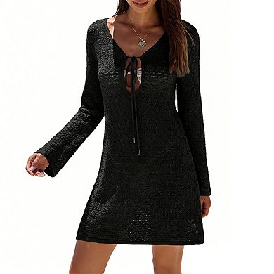 Women's Long Sleeve Open Knit Mini Dress Front Cutout Tie Accent U Neckline Cover Ups