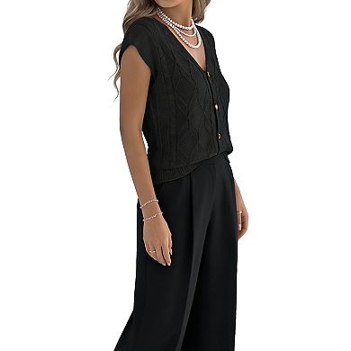 Women's Sleeveless Cable Knit Vest - V-Neck Button Front Textured LTop for Casual Summer
