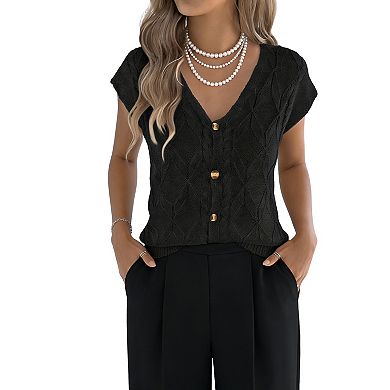 Women's Sleeveless Cable Knit Vest - V-Neck Button Front Textured LTop for Casual Summer