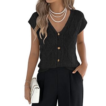 Women's Sleeveless Cable Knit Vest - V-Neck Button Front Textured LTop for Casual Summer