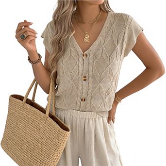 Women's Sleeveless Cable Knit Vest - V-Neck Button Front Textured LTop for Casual Summer