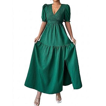 Women's Elegant Solid V-Neck Short Sleeve Maxi Dress with Side Slit