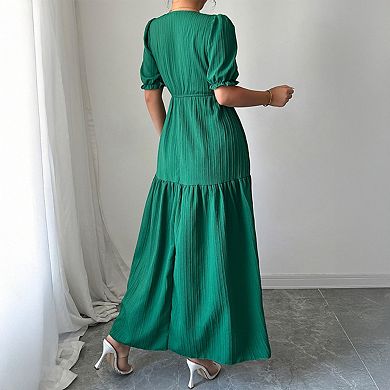 Women's Elegant Solid V-Neck Short Sleeve Maxi Dress with Side Slit