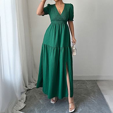 Women's Elegant Solid V-Neck Short Sleeve Maxi Dress with Side Slit