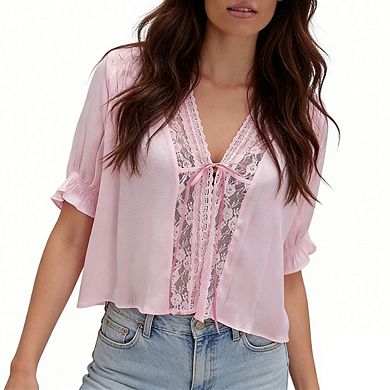 Women's Lace Trim V Neck Blouse Front Tie Short Puffed Ruffled Sleeves Sheer Lace Tops