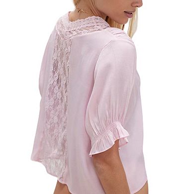 Women's Lace Trim V Neck Blouse Front Tie Short Puffed Ruffled Sleeves Sheer Lace Tops