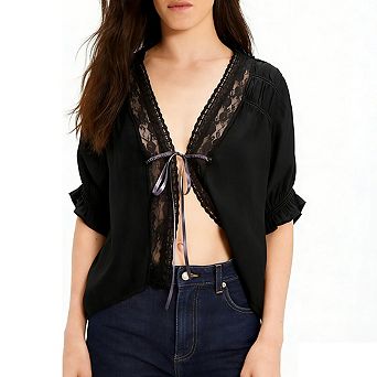 Women's Lace Trim V Neck Blouse Front Tie Short Puffed Ruffled Sleeves Sheer Lace Tops