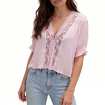 Women's Lace Trim V Neck Blouse Front Tie Short Puffed Ruffled Sleeves Sheer Lace Tops
