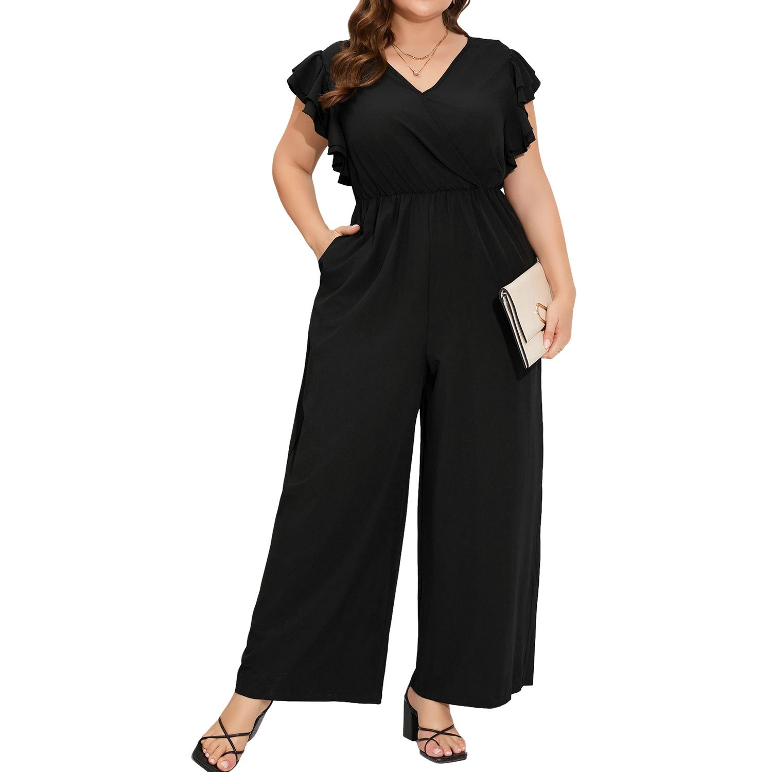 Женские комбинезоны V Neck Ruffle Sleeve Wide Leg Jumpsuit Wrap Style Elastic Waist with Pockets Casual Romper