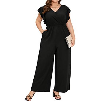 Women's V Neck Ruffle Sleeve Wide Leg Jumpsuit Wrap Style Elastic Waist with Pockets Casual Romper