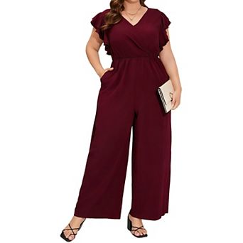 Women's V Neck Ruffle Sleeve Wide Leg Jumpsuit Wrap Style Elastic Waist with Pockets Casual Romper