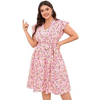 Womens Plus Size Summer Dress Floral Print V-Neck Cap Sleeve A-Line Belted Waist Midi Pockets