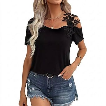 Women's Solid Color Patchwork Fashion Lace Trim T-Shirt