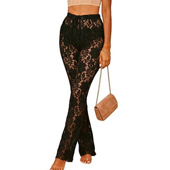 Women's High Waisted Floral Lace Flare Pants - Sheer Elastic Waist Bell Bottom Dress Pants