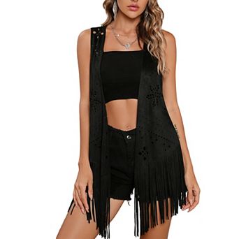 Women's Faux Suede Fringe Vest with Laser Cut Floral Pattern - Open Front Western Boho Layered Vest