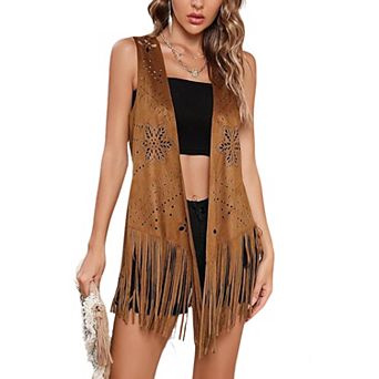 Women's Faux Suede Fringe Vest with Laser Cut Floral Pattern - Open Front Western Boho Layered Vest