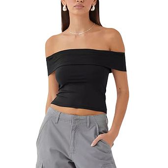 Women's Off Shoulder Fitted Crop Top Short Sleeve Slim Fit Top Bodycon Cropped Party Blouse