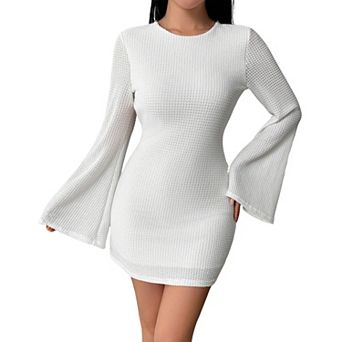 Women's Waffle Knit Open Back Mini Dress - Flared Bell Sleeve Bodycon Tie-Back Casual Party Dress