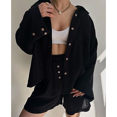 Women's Long Sleeve Button Shirt and Drawstring Shorts Set Casual 2-Piece Outfit