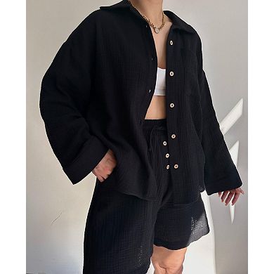 Women's Long Sleeve Button Shirt and Drawstring Shorts Set Casual 2-Piece Outfit