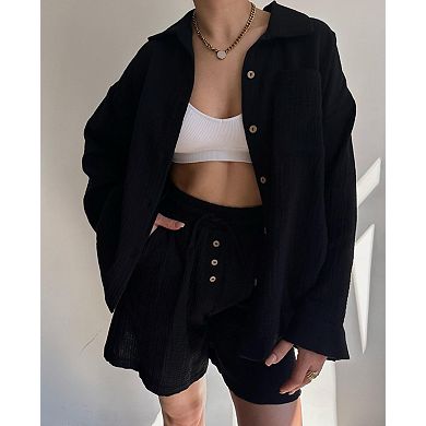 Women's Long Sleeve Button Shirt and Drawstring Shorts Set Casual 2-Piece Outfit