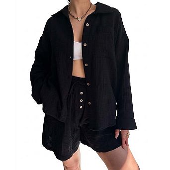 Women's Long Sleeve Button Shirt and Drawstring Shorts Set Casual 2 pc Outfit