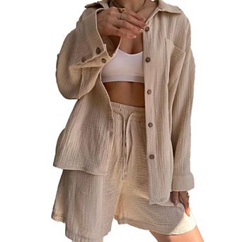 Women's Long Sleeve Button Shirt and Drawstring Shorts Set Casual 2 pc Outfit