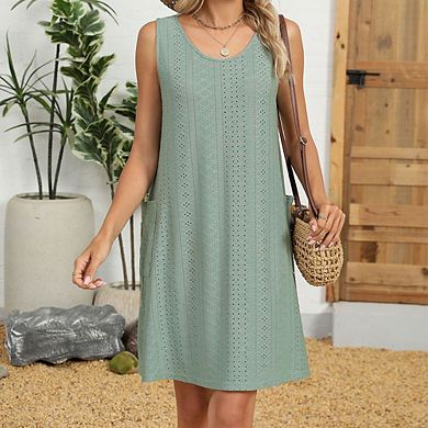 Women's Sleeveless Eyelet Mini Dress Scoop Neck Side Slit Shift Dress