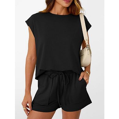 Women's Casual Short Sleeve T-Shirt and Drawstring Shorts Set 2-Piece Outfit
